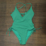 Private Label Womens Deep V-neck Textured One Piece Swimsuit Green S