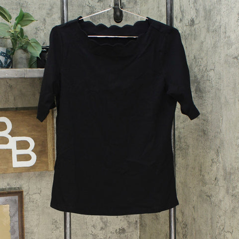 Denim & Co. Women's Perfect Jersey Scallop Neckline Knit Top Black Small