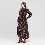 Xhilaration Women's Floral Long Sleeve Deep V-Neck High Low Wrap Midi Dress