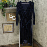 DKNY Women's Velvet V Neck Wrap Dress Midnight 16