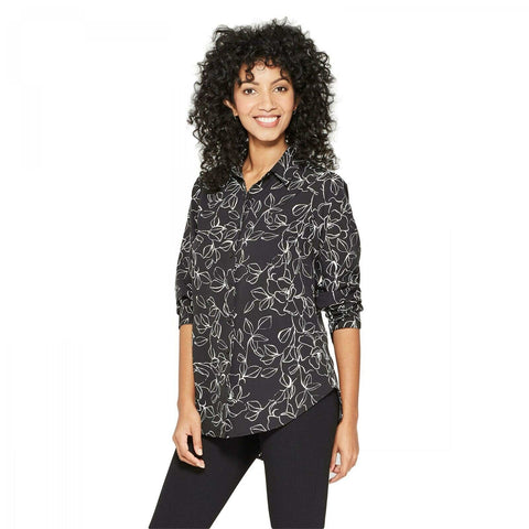 A New Day Women's Floral Print Long Sleeve Button-Front Blouse Shirt