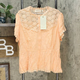 NWT LaBellum By Hillary Scott Womens Lace-Crochet Button Up Top. 638591-Plus 1X