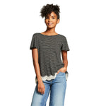 Xhilaration Women's Striped Short Sleeve Knit Lace Hem T-shirt Top