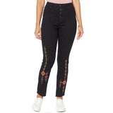 DG2 by Diane Gilman Women's Petite Embroidered Pull On Exposed Button Jeans