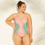 Xhilaration Women's Plus Size Palm Print Scoop Back One Piece Swimsuit Pink 22W