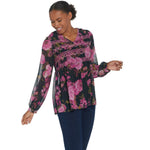 Du Jour Women's Floral Printed Woven Top With Smocking Detail Pink Small
