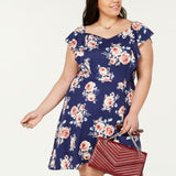 Monteau Trendy Plus Size Printed Sweetheart Dress Navy Floral 3X