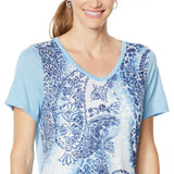 DG2 by Diane Gilman Women's Plus Burnout Printed And Embellished Top Chambray 2X