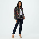 LOGO by Lori Goldstein Women's Mixed Print Picot Trim Woven Jacket Black Large