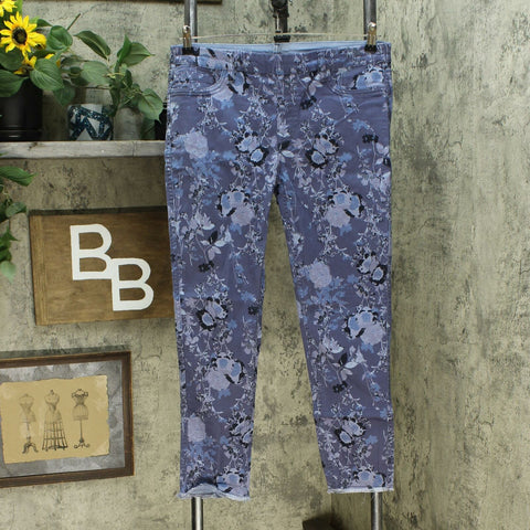 DG2 by Diane Gilman Twill Pull On Skinny Jeans Blue Floral Petite Medium