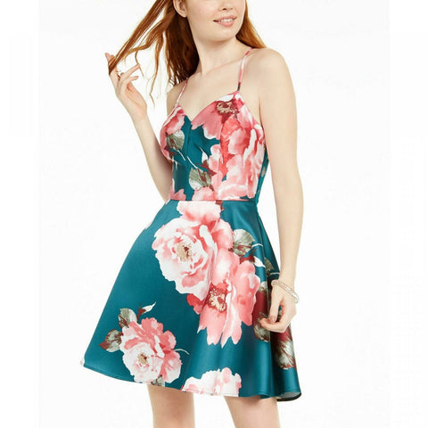 City Studio Women's Junior Fit Lace Back Floral Print Fit and Flare Dress