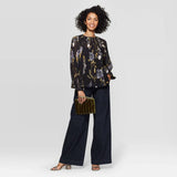 A New Day Women's Floral Print Regular Fit Long Sleeve Crewneck Pleated Blouse