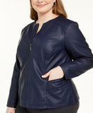 Alfani Womens Plus Size Faux Leather Zipper Jacket Navy 1X