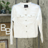 Skinnygirl Women's Collarless Fray Denim Jacket With Sleeve Stripe White Medium