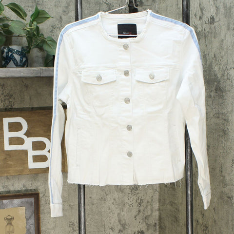 Skinnygirl Women's Collarless Fray Denim Jacket With Sleeve Stripe White Medium