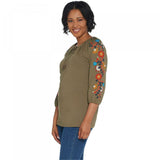 Denim & Co. French Terry Tie Front Embroidered Top