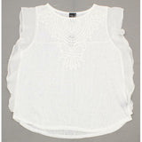 August Moon Women's Sheer Flutter Sleeve Slub Knit Shirt Crochet Applique