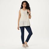 LOGO by Lori Goldstein Plus Size Lace Front Knit Back Peplum Tank Top