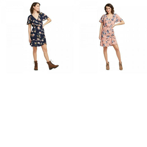 Xhilaration Women's Floral Short Sleeve Cinched Bottom Wrap Mini Dress