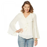 Curations Women's Plus Size V-Neck Long Bell Sleeve Blouse
