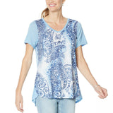 DG2 by Diane Gilman Women's Plus Burnout Printed And Embellished Top Chambray 2X