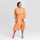 A New Day Women's Plus Size Leaf Print 3/4 Sleeve Tiered Dress 564648