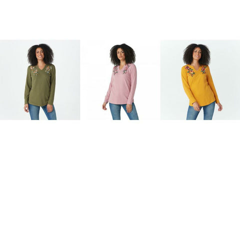 Denim & Co. Women's Waffle Knit Long-Sleeve Split V-Neck Top