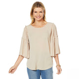 DG2 by Diane Gilman Women's Ruffle Sleeve Crinkle Top Sand Large