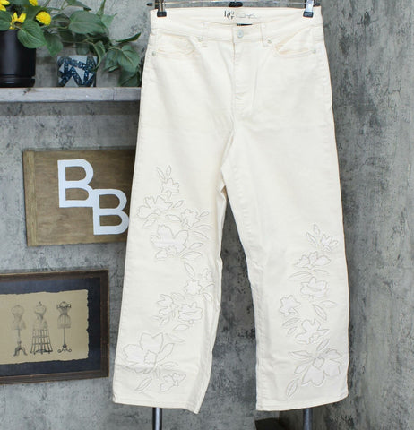 DG2 by Diane Gilman Embroidered Applique Wide Leg Jeans Cream 10 Tall