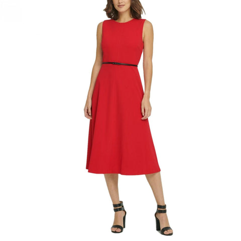 DKNY Women's Belted Seamed A-Line Midi Dress