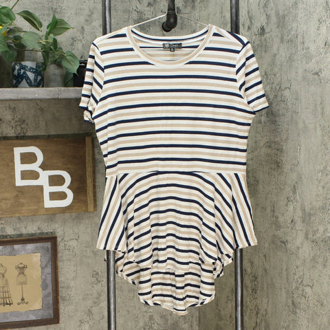 DG2 by Diane Gilman Women's Striped Peplum Drama Top Beige Medium