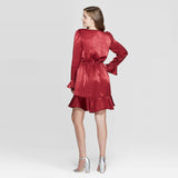 Xhilaration Women's Long Sleeve Deep V-Neck Lace Trim Satin Wrap Mini Dress