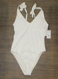 Shade & Shore Plunge Front Shoulder Tie Ribbed One Piece Swimsuit Cream Ivory S