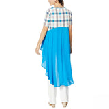 DG2 by Diane Gilman Dramatic Hi Low Printed Crepe Colorblock Tops Blue XS