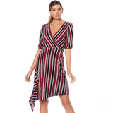 Tash + Sophie Women's Striped V Neck Dress With Asymmetric Hem Burgundy Medium