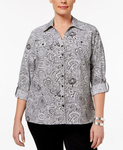 NY Collection Plus Size Paisley Button Front Utility Blouse