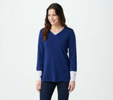 Isaac Mizrahi Live! V Neck Sweater With Layered Stripe Sleeve Navy Medium