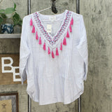 Jamie Gries Women's Pintuck Pleated Embroidered Tassel Top
