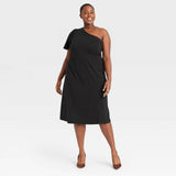 Who What Wear Women's Plus Size One Shoulder Puff Short Sleeve Dress Black 3X