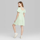Wild Fable Women's Short Puff Sleeve Round Neck Babydoll Mini Dress