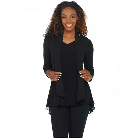 Susan Graver Women's Liquid Knit Peplum Back Top With Chiffon Overlay