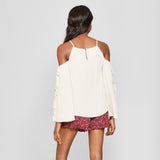 Xhilaration Women's Cold Shoulder Long Tie Sleeve Woven Top Blouse Shirt