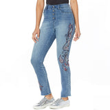 DG2 by Diane Gilman Women's Embroidered Pull-On Exposed Buttons Jeans