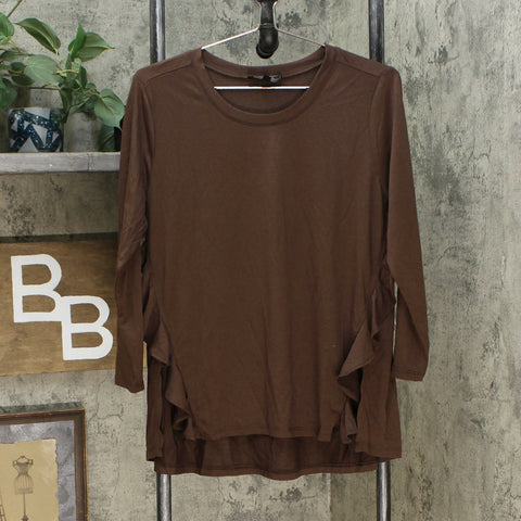 DG2 by Diane Gilman Women's Ruffled Knit Hi Low Hem Top Espresso Medium