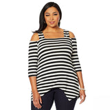 Nina Leonard Women's Plus Size Striped Cold Shoulder Top Black 2X