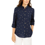 NWT Charter Club Womens Button Up Foil-Dot Linen Top. 100078188MS Medium