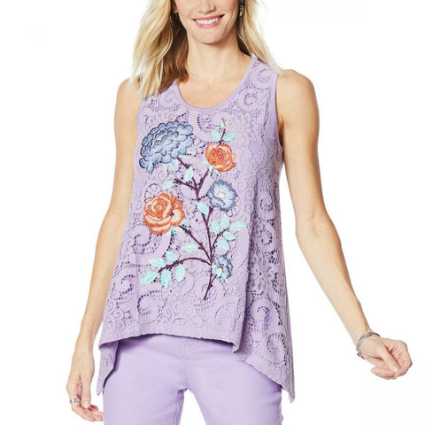 NWT DG2 By Diane Gilman Womens Embroidered Lace Front Tank. 713281 X-Small