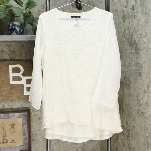 Slinky Brand 3/4-Sleeve Embroidered Sequin Tunic Blouse Ivory Large