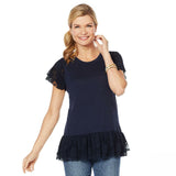 DG2 by Diane Gilman Women's Lace Detail Ruffle T-Shirt Navy XS