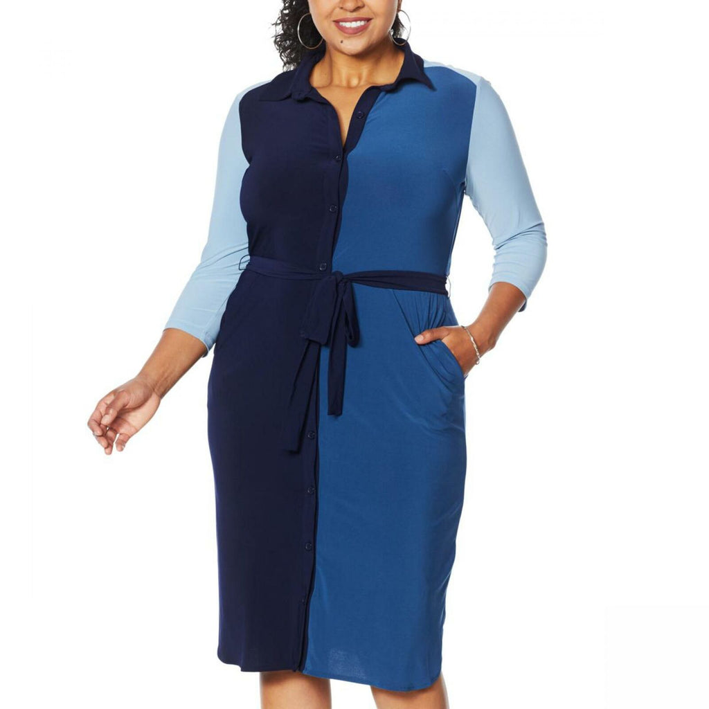 navy blue shirt dress plus size Nina Leonard Women's Plus Size 3/4 Sleeve Button Down Shirt Dress –  Biggybargains